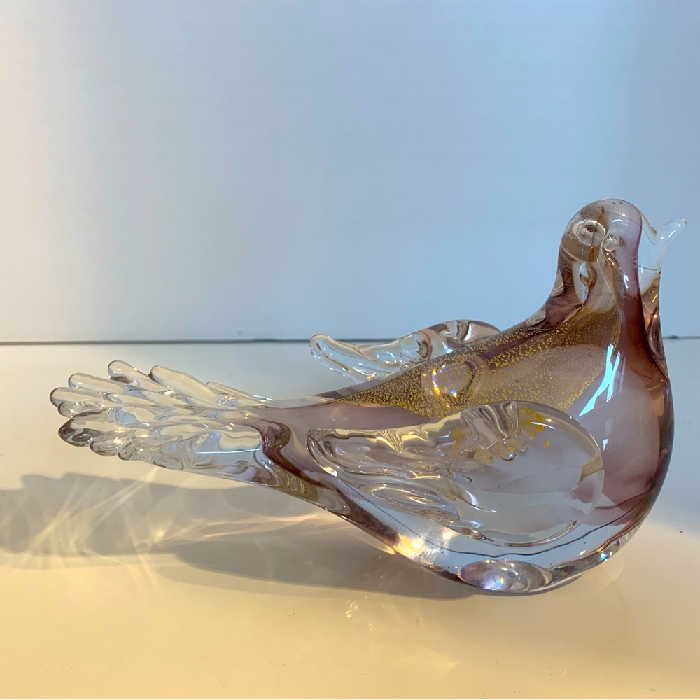 Beautiful Art Glass Bird Gold Fleck Clear Purple Hue - 6x3" - Paper Weight Art